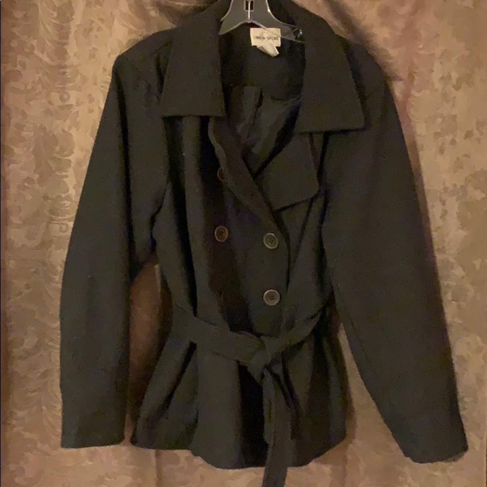 Grey double breasted poly/wool jacket.